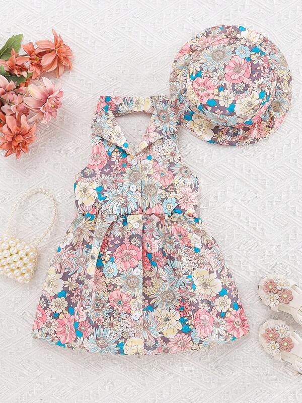 Conjunto de 2 piezas de vestido y sombrero casual con estampado floral ditsy para bebé niña, para verano