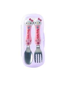 Sanrio 2 pezzi Set di posate Sanrio Hello Kitty, Kuromi, My Melody, Cinnamoroll, in acciaio inossidabile 304, con bacchette, cucchiaio e forchetta a tema cartone animato, set di stoviglie portatile con scatola di immagazzinaggio, articoli scolastici