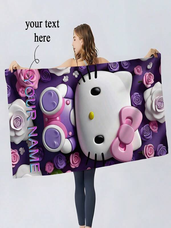 Sanrio 1 Pezzo Asciugamano personalizzato con licenza Sanrio, Asciugamano a tema Hello Kitty, personalizzato con nome, realizzato in morbidissimo microfibra ad asciugatura rapida, alta assorbenza, texture morbida, stile moderno, adatto per bagno, piscina, spiaggia, decorazione casa e cucina, essenziali da spiaggia, articoli per il ritorno a scuola, asciugamani da doccia per salone di bellezza, hotel, sport, articoli per la casa, asciugamano, cura della pelle