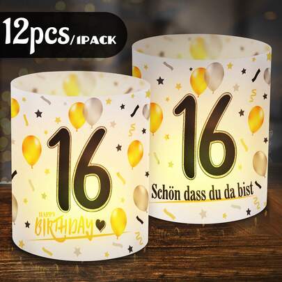 12pcs Black Gold Silver Table Decoration 16.18.20.30.40.50.60.70.80- Male/Female Birthday Party Decoration - Used To Decorate The Table With Tea Lamps Or Candles - "Happy Birthday" Theme (Balloons, Stars, Ribbons, Paper Scraps) Elements