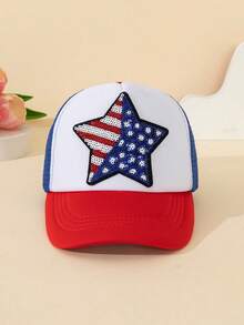 1pc Toddler Boys' Sequin American Flag Mesh Truck Summer Sun Hat, Baseball Snapback Cap - 1PC - View 12