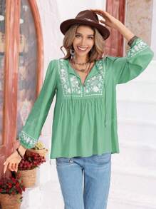 Rusttydustty Damen Langarm Bluse mit grüner Blumenstickerei, boho, für Ostern, Strand, Hawaii, Coachella Musikfestival, tropischer Urlaub