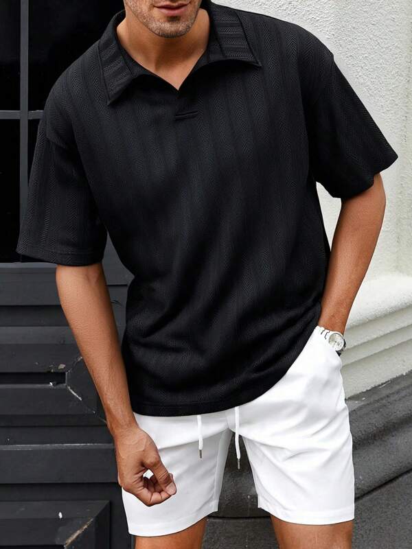 1 pièce Polo classique noir à manches courtes, t-shirt décontracté simple et sportif avec col à demi-bouton, polyvalent pour hommes