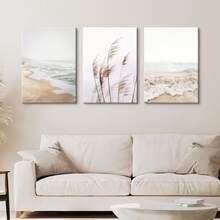 3pcs Travel White Seascape Canvas Painting Nordic Sea Beach Pampas Wall Arts Botanical Grass Pictures Living Room Kitchen Wall Art Decor Posters ,Wall Art With Frame - Multicolor - View 1
