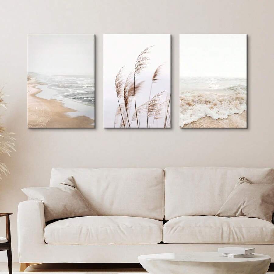 3pcs Travel White Seascape Canvas Painting Nordic Sea Beach Pampas Wall Arts Botanical Grass Pictures Living Room Kitchen Wall Art Decor Posters ,Wall Art With Frame - Multicolor - View 1