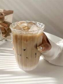 1 Coffee Shop Niche Retro Vertical Patterned Transparent Glass Water Cup Iced Latte Coffee Cup High Borosilicate Glass Single-Layer