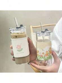 Square Heatproof Glass Cup With Lid And Straw: Suitable For Bubble Tea, Coffee And Juice - Made Of Durable Glass