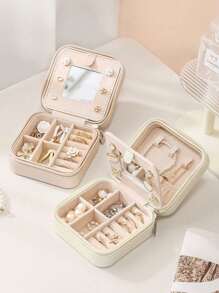 A Jewelry Storage Box With A Makeup Mirror, Portable Travel Zipper Jewelry Box, Simple Travel And Home Jewelry Box, Fashionable Personalized Leather Mini Jewelry Box For Earrings, Necklaces, Rings Storage, Dust-Proof Small Jewelry Storage Box, Jewelry Accessory Storage Box And Vanity Box, Perfect For Storing Rings, Pendants, Earrings, Ties, Bracelets, Great Gift For Girlfriend, Mother's Anniversary, Men's & Women's Gifts
