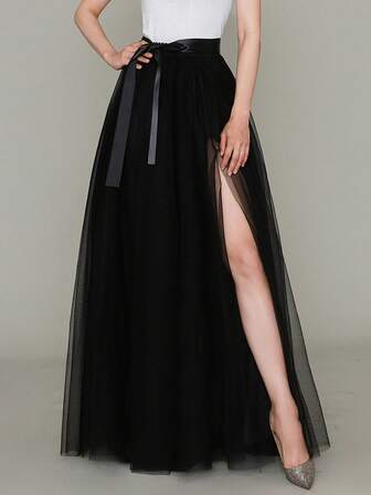 تنورة ماكسي طويلة من التول مقسومة للنساء مع شريط قابل للإزالة لحفلات الصيف والسهرات والمناسبات المسائية والهالوين والخريف، قطعة واحدة