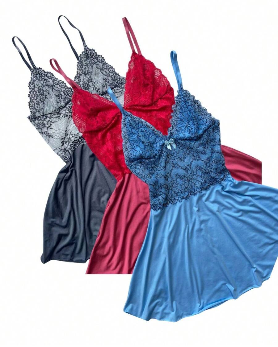 Kit 2 Sensual Two-Tone Lace Nightdress Without Cups With Microfiber And Adjustment - 彩色 - 查看 1