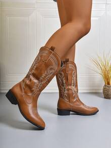 2025 秋冬女式刺绣粗跟牛仔靴、派对时尚西部靴 - 棕色 - 查看 4