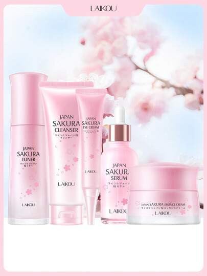 LAIKOU 5件套日本来光樱花面部精华、面霜、爽肤水、眼霜和洁面泡沫，滋养、细致毛孔、提亮肤色、保湿、抗衰老，旅行必备，女士护肤SPA礼盒，适合送给母亲、妻子、姐妹、女孩、女友，母亲节礼物