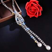 1pc Fashionable & Elegant Rhinestone Tassel Pearl Necklace - Silver - View 2