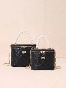 Pearl Handbag, Diamond Quilted Embroidered Crossbody Bag, Shoulder Bag, Butterfly Hardware Decor, Coin Purse, Small & Large Size, Ideal For Daily Use, Party, Gift - Black - View 1