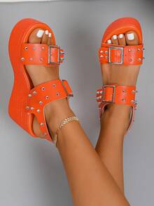 女士平台开放式脚趾楔形高跟鞋，铆钉装饰，时尚可调节扣带，防滑矮胖夏季凉鞋，玫瑰 - 橘色 - 查看 5