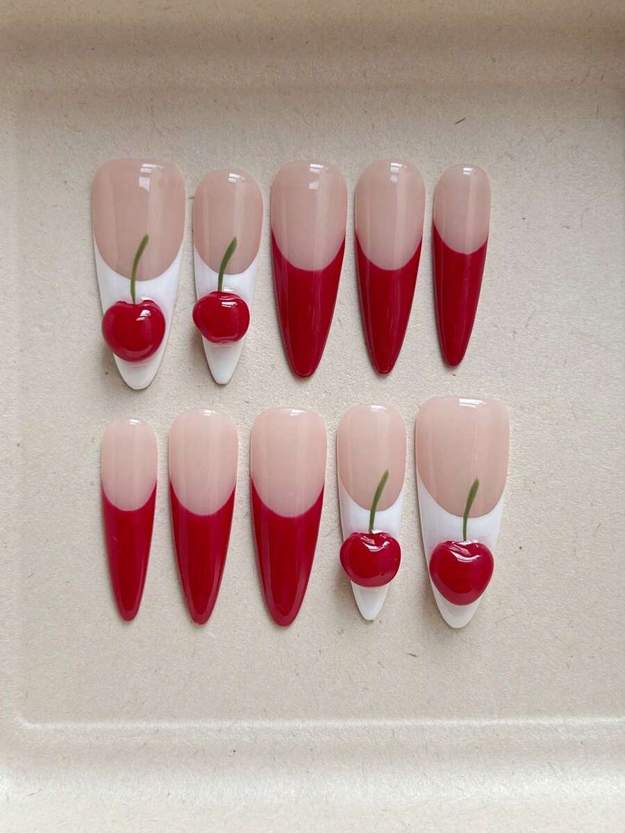 10PCS Simple Shimmer Press On Nails French Long Almond Fake Nails Handmade With Designs 3D Cherry