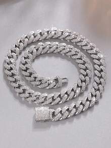 CVNANA 1pc Luxury Rhinestone Miami Necklace Or Bracelet, Gold/Silver Plated Chain Unisex Jewelry With Multiple Size Options - Silver - View 17