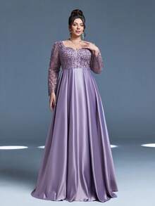 Đầm dạ hội Anpoket, Hàng mới về, Cổ chữ V, Ren tương phản, Thanh lịch, Kích cỡ lớn, Đính ngọc trai, Tay dài, Chất liệu satin, Đầm dài, Thích hợp cho tiệc tối, Đầm thanh lịch cho nữ, Ngày Valentine - Bụi hồng - Xem 4