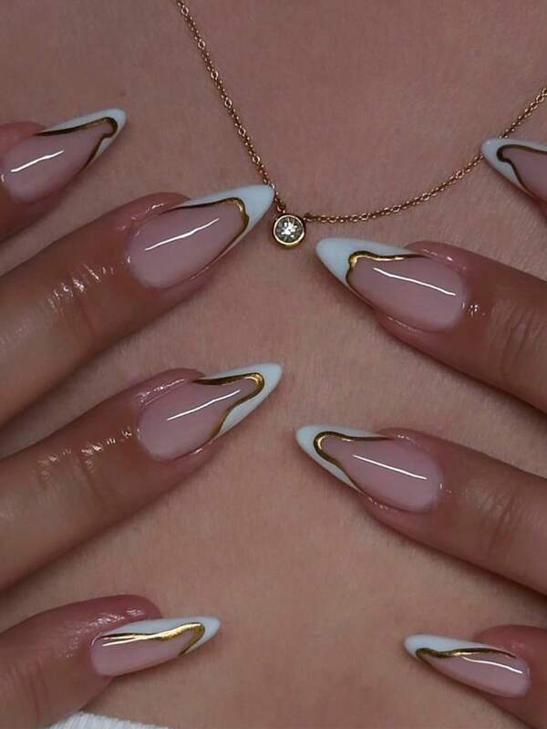 24pcs Instantly Upgrade Your Look With Pink Medium Amygdala False Nails,French White Edge Design And Golden Line Decoration Press On Nails,Suitable For A Simple And Fashionable Style,Acrylic Nails,1pc Nail File & 1Nail Glue Sticker Kit Nails For Girl Mother Women Gift ,Whitening Nail Art Set With Detachable Fake Nails For Festival, Party, Date And Daily Wear