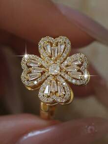 jealous young 1 chiếc nhẫn xoay hai lớp hình hoa thanh lịch đính đá Cubic Zirconia, nhẫn đính hôn hình trái tim giản dị dành cho nữ, phù hợp cho đi làm hàng ngày, đi nghỉ mát và du lịch. - Vàng - Xem 2