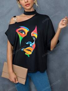 2025 Neuankömmling Damen Lässig Metall-Schnallen Schräg Schulter Muster Locker Sitz T-Shirt für den täglichen Gebrauch, Sommer