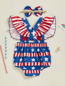 Baby Girl 4th Of July Romper Star Stripe Print Flying Sleeve Square Neck USA Jumpsuit With Bow Headband Newborn Infant Independence Day Clothes - Red - View 7