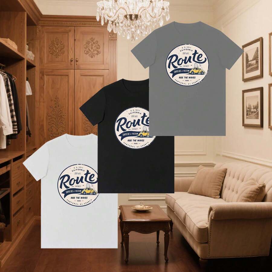 Unisex Cotton T - Shirt Set With "Route" Text And Car Print, Along With "CALIFORNIA 127 MILES SPEND LIFE A FRIEND ROSE THE WAVES" - American Road - Style - Multicolor - View 1