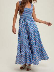 Women Floral Tank Dress Smocked Square Neck Sleeveless Backless A-Line Long Tiered Ruffle Dress With Pockets - Blue - View 5