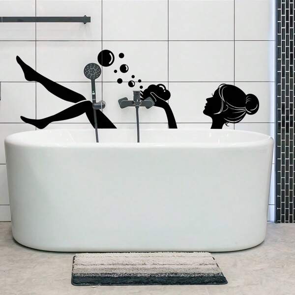 2pcs Minimalist Summer Beauty Bathing Wall Stickers, Self-Adhesive Wall Decor For Bathroom, Bathtub, Room Decor