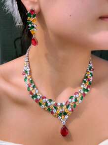 1 conjunto de colar e brincos femininos super luxuosos, multicoloridos e brilhantes, com zircônia cúbica, para festival e festa, conjunto de joias para mulheres, decoração de casamento