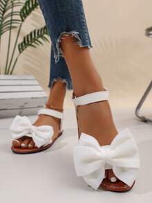 Women's Stylish Big - Bow Embellished Open - Toe Ankle - Strap Flat - Heel Sweet - Style Sandals For Summer White Leather Sandals