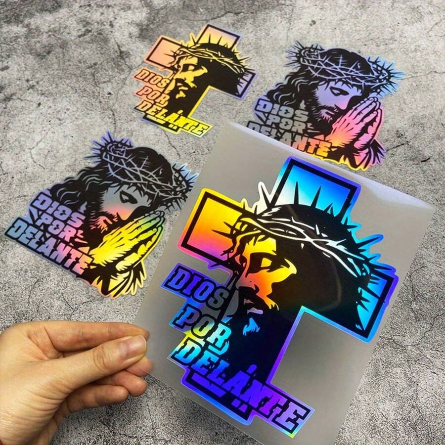 1 件 DIOS POR DELANTE 带十字贴纸,反光激光防水贴花,适用于汽车车窗后备箱保险杠摩托车前整流罩踏板车车身,遮盖划痕,完美的复活节礼物 - 均碼 - 查看 1