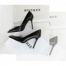 Banquet High Heels, Stone-Patterned Patent Leather Shallow-Mouthed Pointed Rhinestone Buckle High Heels Shoes - Black - View 1