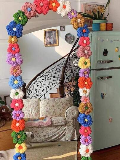 50件套成品手工钩针泡芙花 镜子变身材料包边 全身镜装饰花 创意手工落地镜框装饰 纯手工编织 适用于衣服 雨伞 窗帘 空调管道补丁 美化