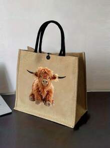 Set de 2 bolsas de lino con estampado de vaca de dibujos animados. Incluye una bolsa de maquillaje, bolso de almacenamiento casual portátil, bolso de moda islámica, bolso con estampado animal, bolso de moda modesta, bolso de compras multifuncional, nuevo diseño, gran capacidad, elección de compras ideal, adecuado para uso diario, regalos del Eid para ella, cumpleaños, vacaciones, playa, viajes, picnics, campamentos, supermercado, almacenamiento diario, regalo del Día de la Madre.