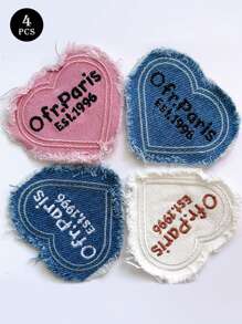 4pcs Embroidered Label Hat, Pink Denim Frayed Heart-Shaped Letter Down Jacket, Patchwork Hat Accessory