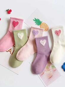 4 Pairs Kids Simple Random Candy Color High Elastic Mid-Calf Socks,Children's Socks With Big Heart Design,Sports&Athletic Socks For Youth&Teen&Kids&Baby ,Suitable For Spring,Summer And Autumn,Random Color