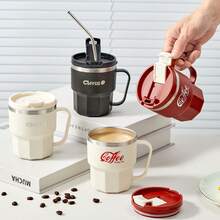 WORTHBUY 1 个 400/480ML 304 不锈钢咖啡杯,双层隔热咖啡杯,奶茶水杯带手柄和盖子,密封防漏饮水杯,适合学生和成人在家中、学校、宿舍、办公室、户外露营、野餐、旅行、上学时使用 - 彩色 - 查看 5