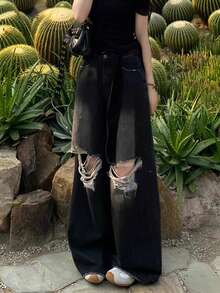 女款黑色和灰色破洞牛仔裤，小码阔腿裤 - 黑色 - 查看 1