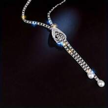 1pc Fashionable & Elegant Rhinestone Tassel Pearl Necklace - Silver - View 5