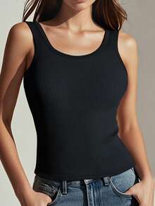 1pc Women's Solid Black Sleeveless Minimalist Tank Top, Medium Stretch, Suitable For Summer Wear Round Neck Blouse - Black - View 6