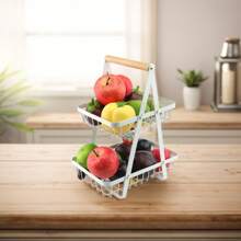 2/3-Tier Wooden Handled Fruit Basket, Metal & Wood Material, Colors: White, Black, Wrought Iron Fruit Storage Basket, Dual/Triple Layer Detachable Organizer Basket For Living Room, Kitchen