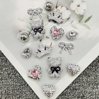 14pcs Silver Luxury Bear, Water Drop, Rhinestone, Bow, Crown Shoe Charms, Removable Decorative Accessories Suitable For Women Sandals, Slippers, Beach Bags, Christmas, Halloween, Valentine's Day, Birthday, Party (Shoes Not Included)