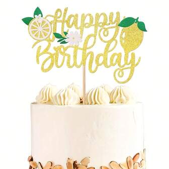 1pc Lemon Cake Topper Glitter Happy Birthday Cake Pick For Fruit Theme Birthday Party Summer Fruit Lemon Cake Decorations Supplies