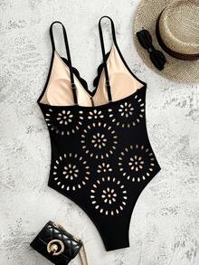 Áo tắm nữ có đệm mút tháo rời, chất liệu nylon, thiết kế họa tiết rỗng, dây đeo vai mảnh có thể điều chỉnh, gợi cảm và thanh lịch, phù hợp cho bãi biển, tiệc tùng, trang phục mùa hè. Đệm mút có thể tháo rời, trang phục mùa hè cho nữ đi nghỉ mát, màu đen. - màu đen - Xem 5