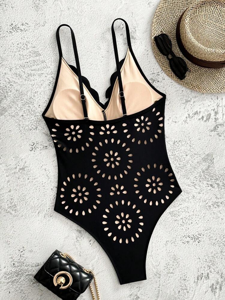 Traje de baño de mujer con almohadillas extraíbles, de tela de nailon, diseño de patrón hueco, tirantes de espagueti ajustables, sexy y elegante, adecuado para la playa, fiestas, uso de verano. Almohadillas extraíbles, ropa de verano para mujer - Negro - Añade 5