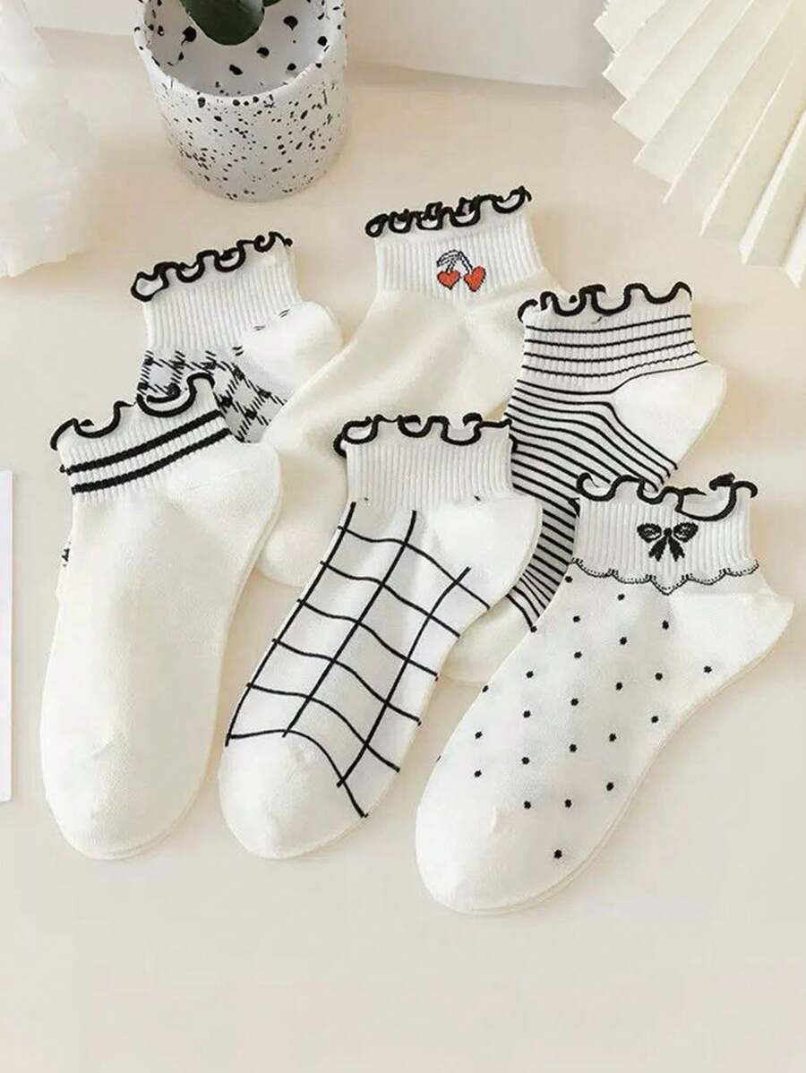 4 Pairs Black And White Women Ruffle Trim Ankle Socks With Patterns: Cherry, Bow, Stripe, Plaid, Heart, Elegant Socks Suitable For Spring And Summer