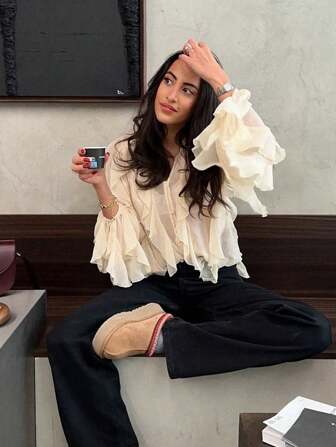 HH 2025 Spring Women Elegant V-Neck Blouse Single-Breasted Women Long Sleeves Laminated Decorative Solid Shirt