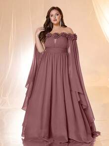 Đầm dạ hội nữ cỡ lớn SUPGIR trễ vai tay bồng họa tiết hoa 3D bằng chiffon xếp nếp, thích hợp cho các dịp trang trọng, tiệc tùng, đám cưới hoặc làm trang phục khách mời. - Bụi hồng - Xem 4