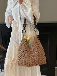 New Simple Handmade Woven Straw Shoulder Bag For Women